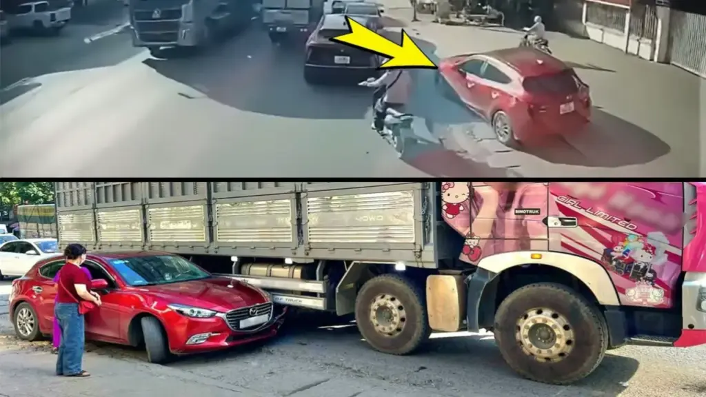 Xe con nhập làn kẹt dưới hông xe tải - ai sai?