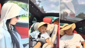 Cả nhà đội mũ khi ngồi trong ôtô trần kính